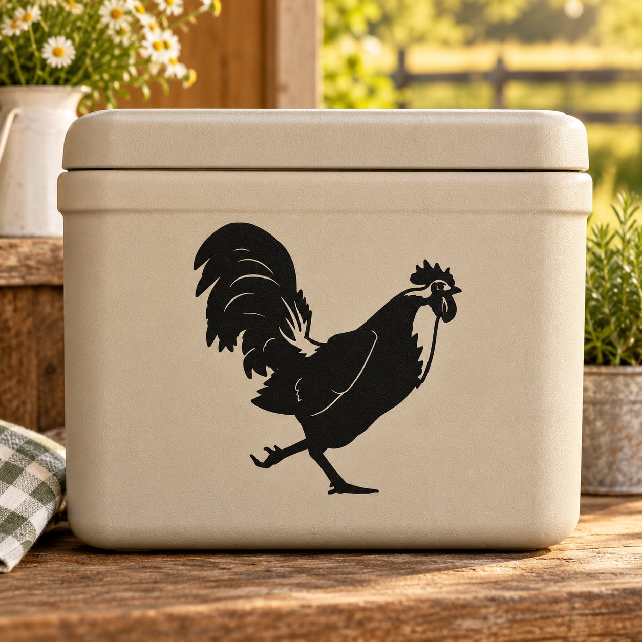 Rooster decal sticker with black silhouette on a light container