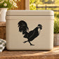 Rooster decal sticker with black silhouette on a light container