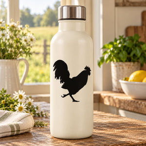 Rooster silhouette decal on white bottle
