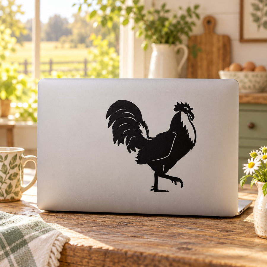 Strutting rooster decal with black rooster silhouette on a light background