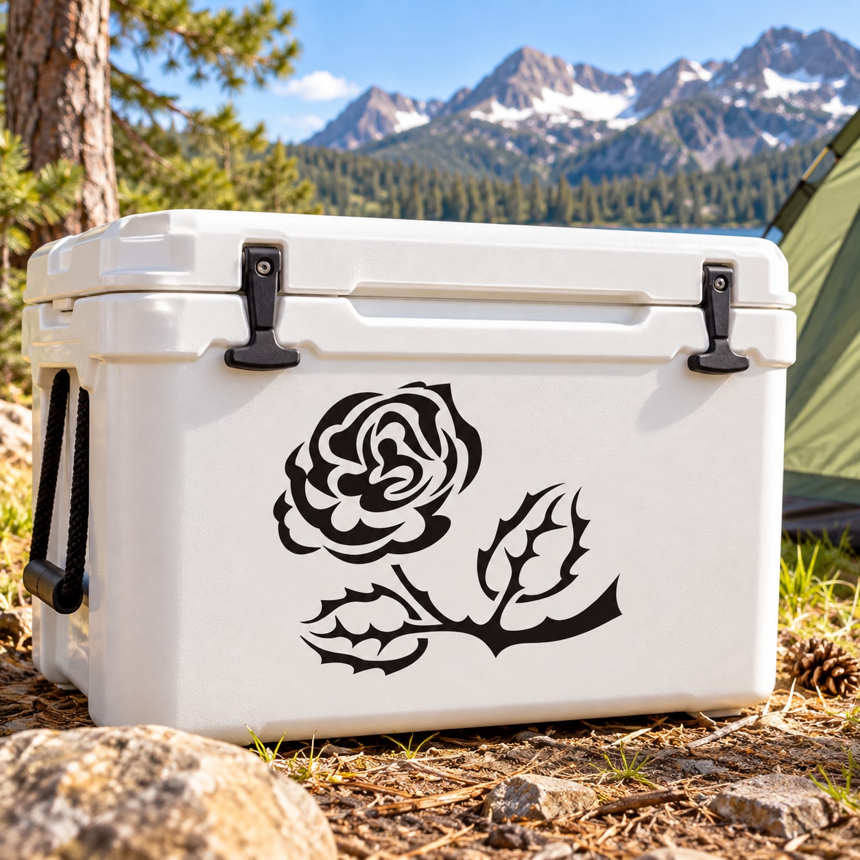 Black rose flower decal stickers on a white cooler lid