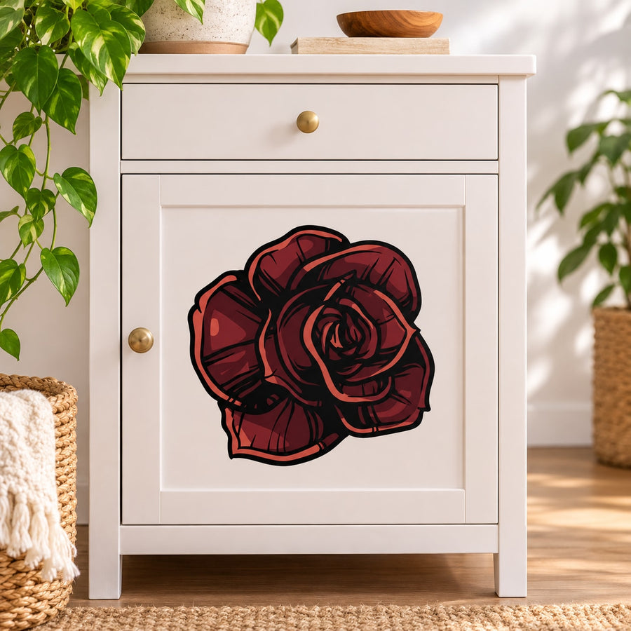 Red rose vinyl wall decal sticker with bold black outline on cabinet panel
