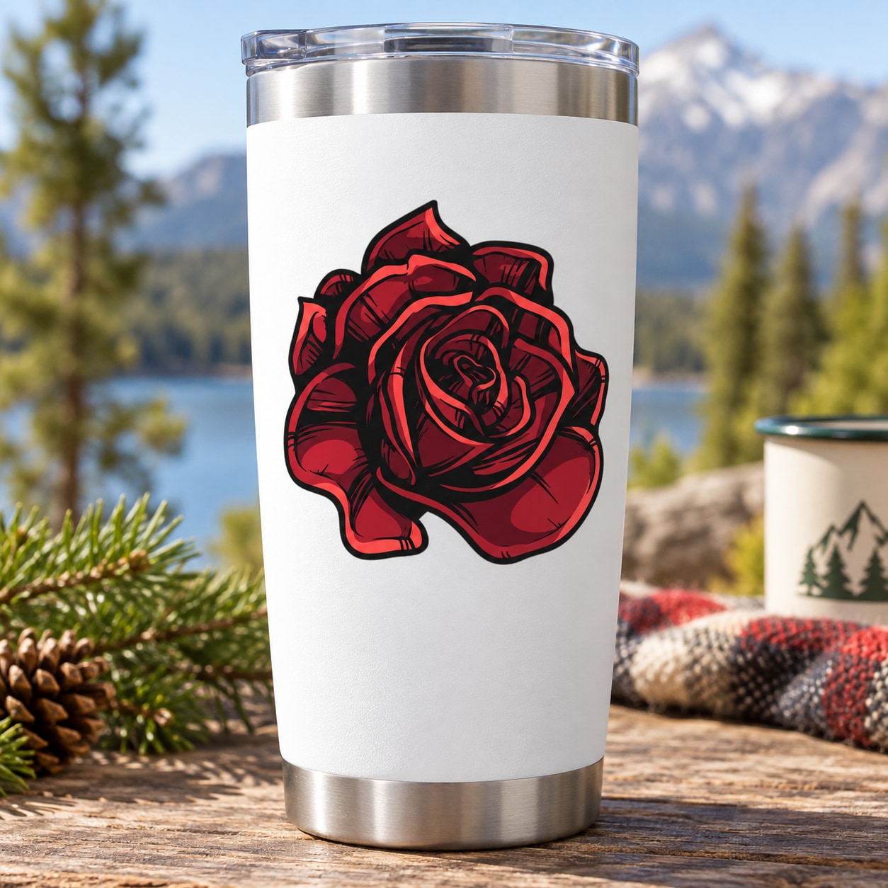 White tumbler with red rose vinyl decal sticker
