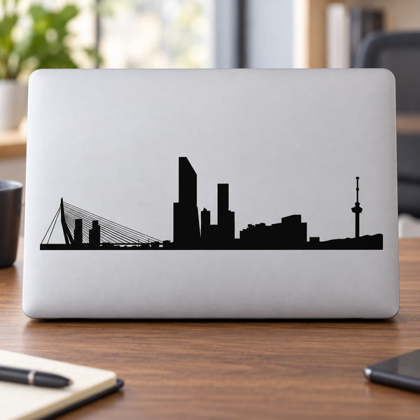 Black Rotterdam skyline decal with bridge and tower silhouette on white surface