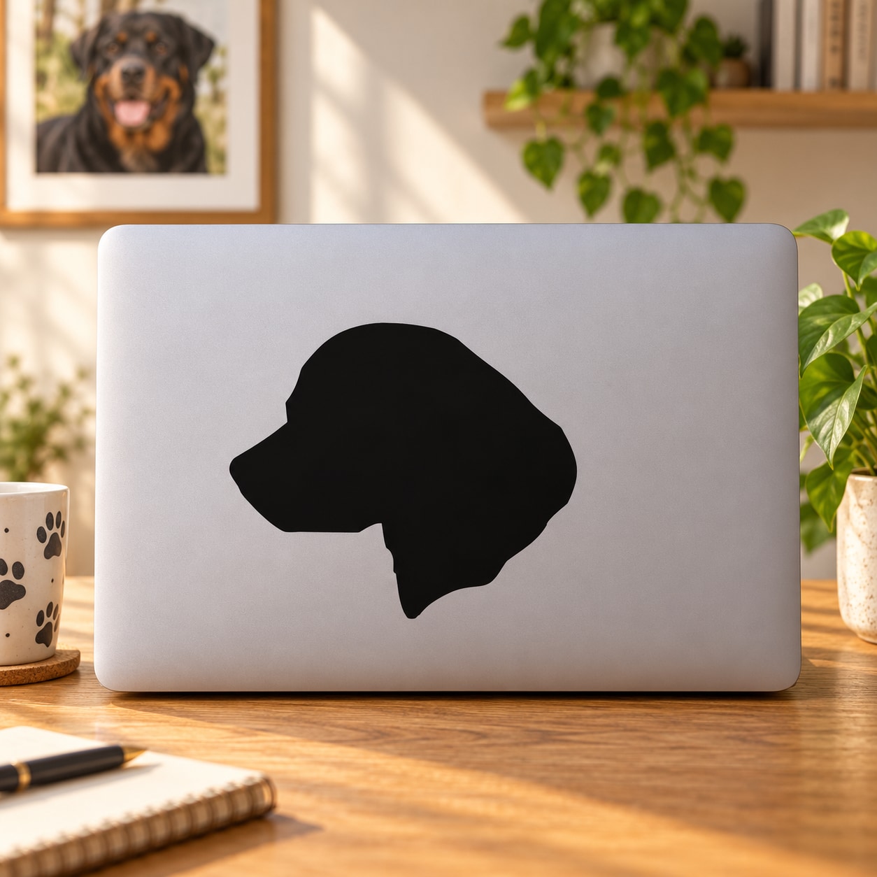 Black Rottweiler head silhouette decal on a light laptop lid
