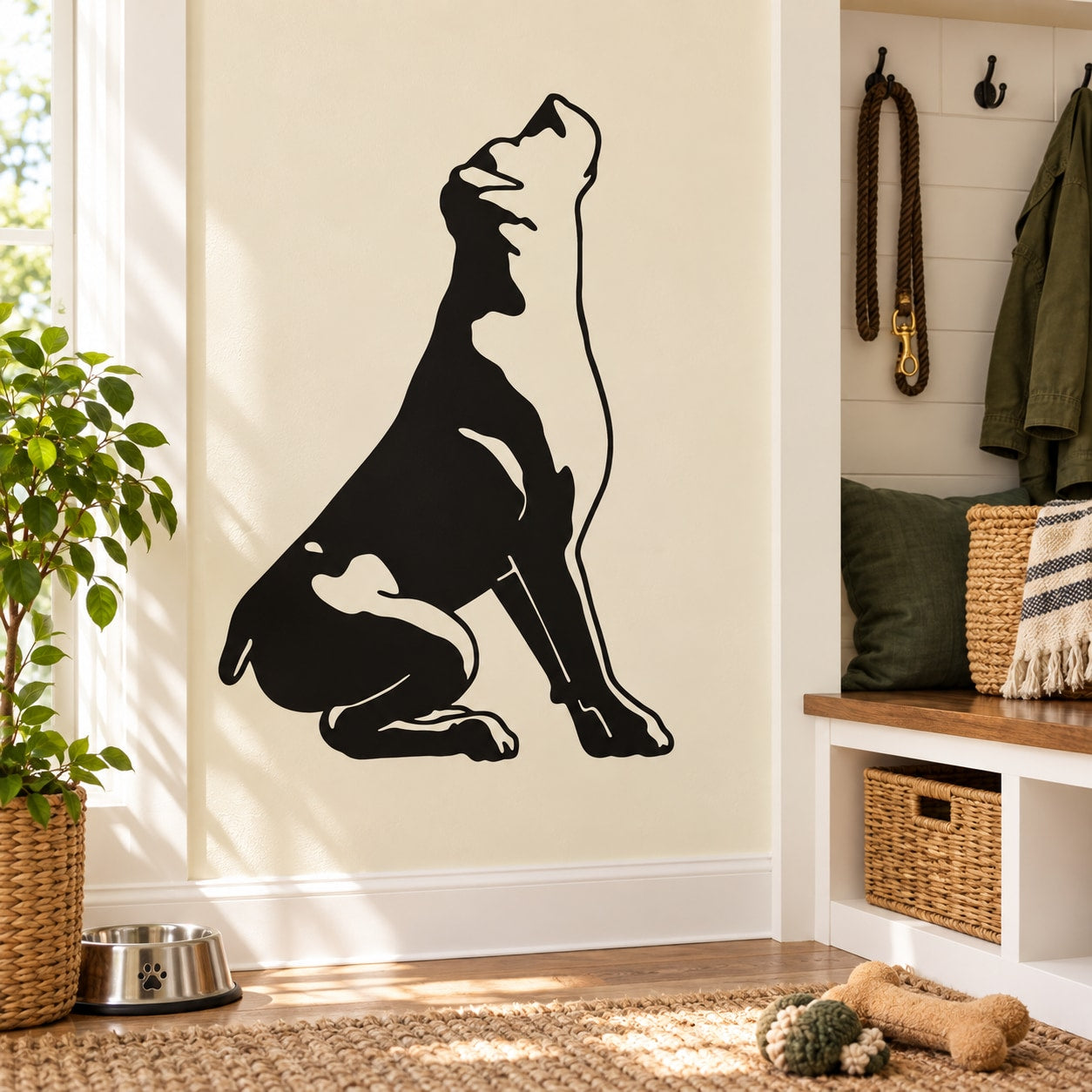 Detailed obedient Rottweiler wall decal, black silhouette with sitting pose