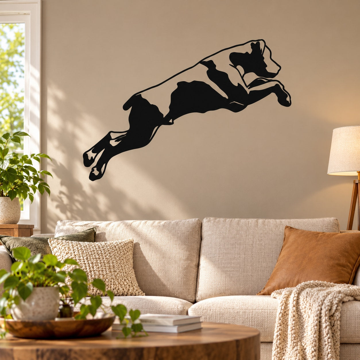 Leaping Rottweiler dog decal, black and tan silhouette on a wall