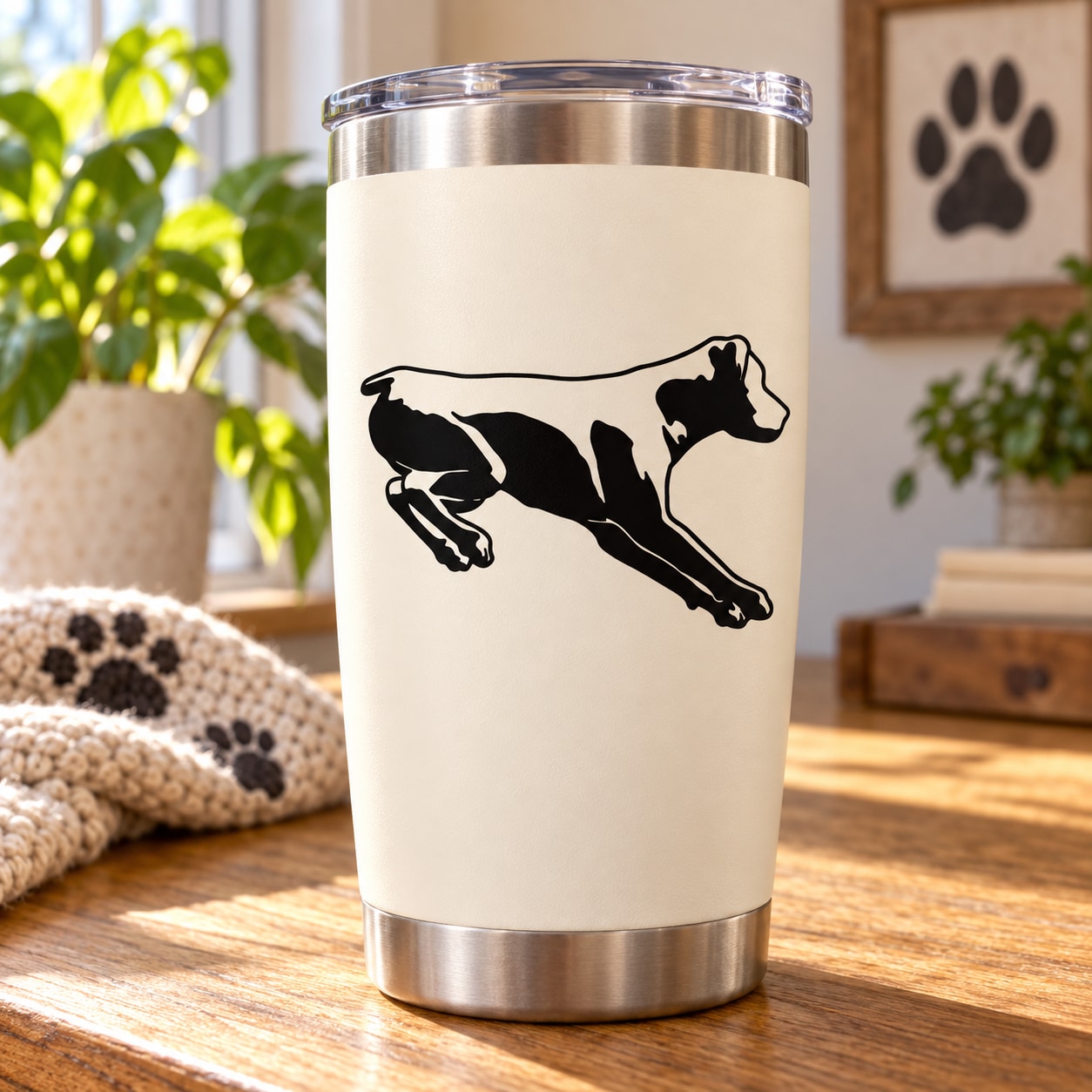 Rottweiler dog silhouette decal on white stainless tumbler cup
