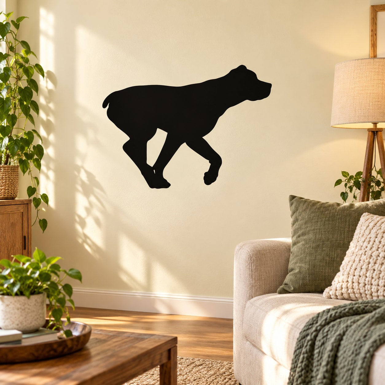 Trotting Rottweiler vinyl wall decal, black dog silhouette in running pose.