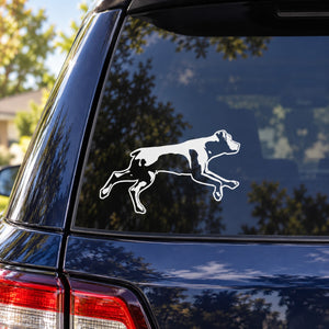 Running Rottweiler decal with white outline, long-legged dog silhouette for vehicle windows