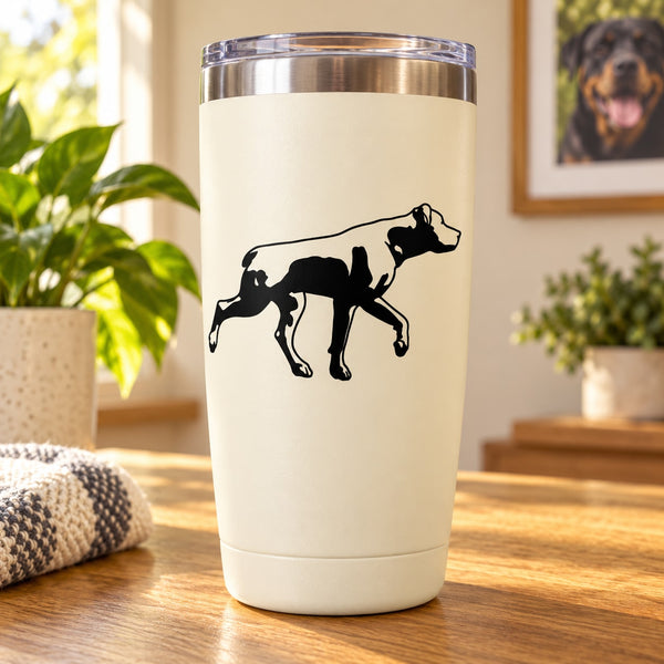 White tumbler with black walking Rottweiler decal on the front