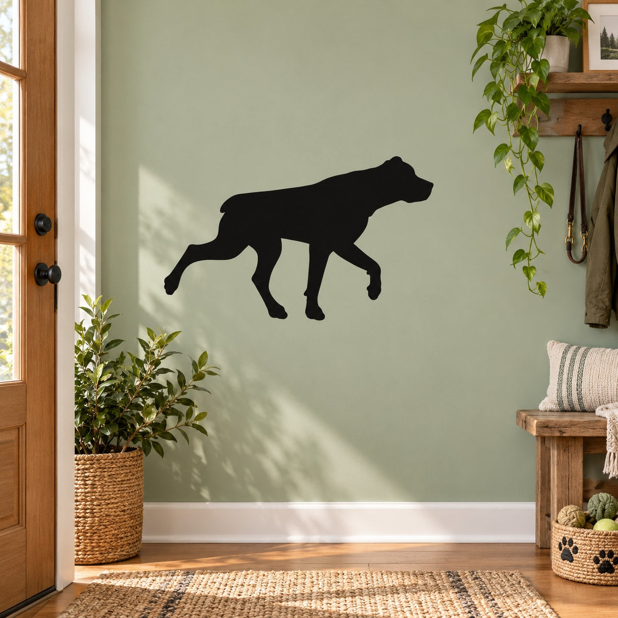 Walking rottweiler decal silhouette, black dog figure on a wall
