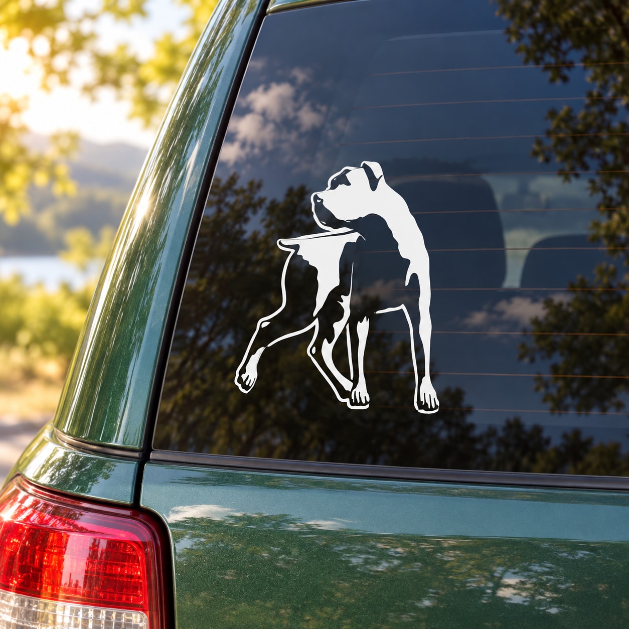 Rottweiler looking away decal in white outline, shown on a car rear window