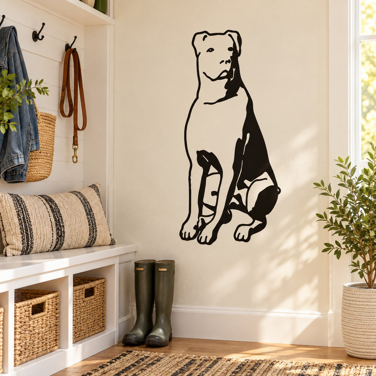Sitting rottweiler decal, black line art of a curious dog.
