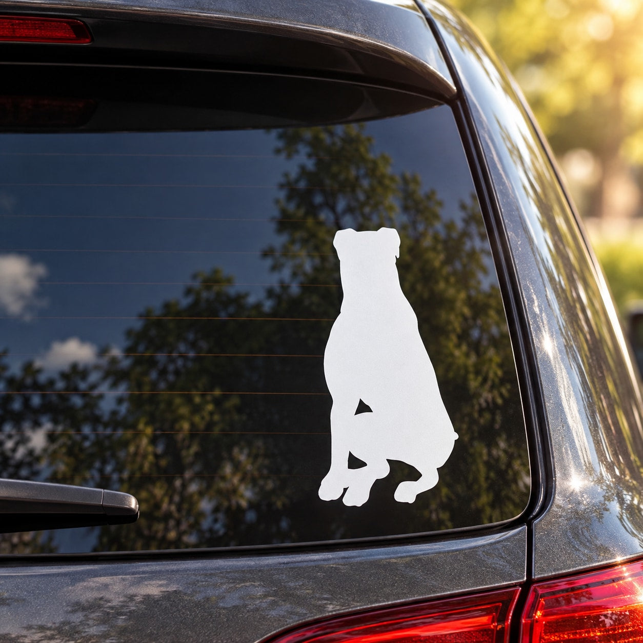 Sitting curious Rottweiler decal sticker, white seated dog silhouette on car window