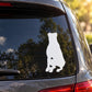 Sitting curious Rottweiler decal sticker, white seated dog silhouette on car window