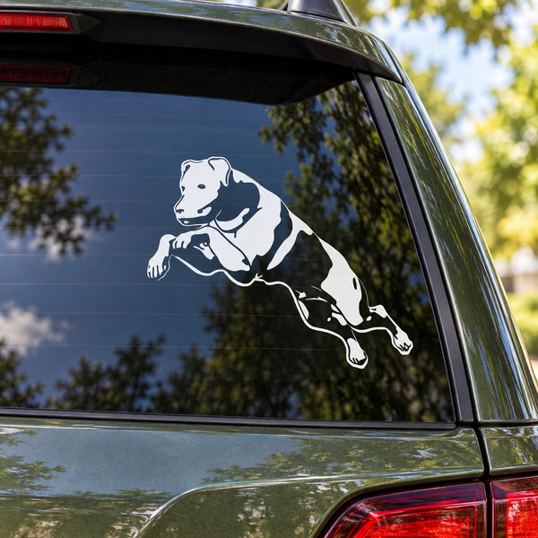 Jumping Rottweiler car window decal with black and white dog graphic