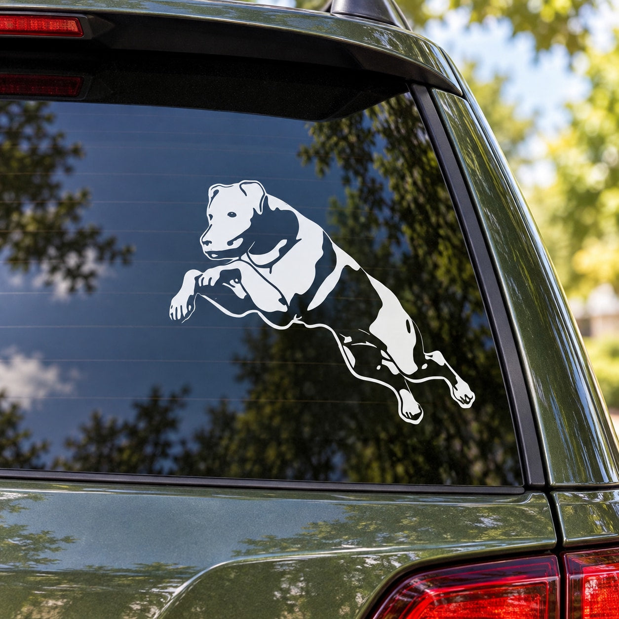 Jumping Rottweiler car window decal with black and white dog graphic