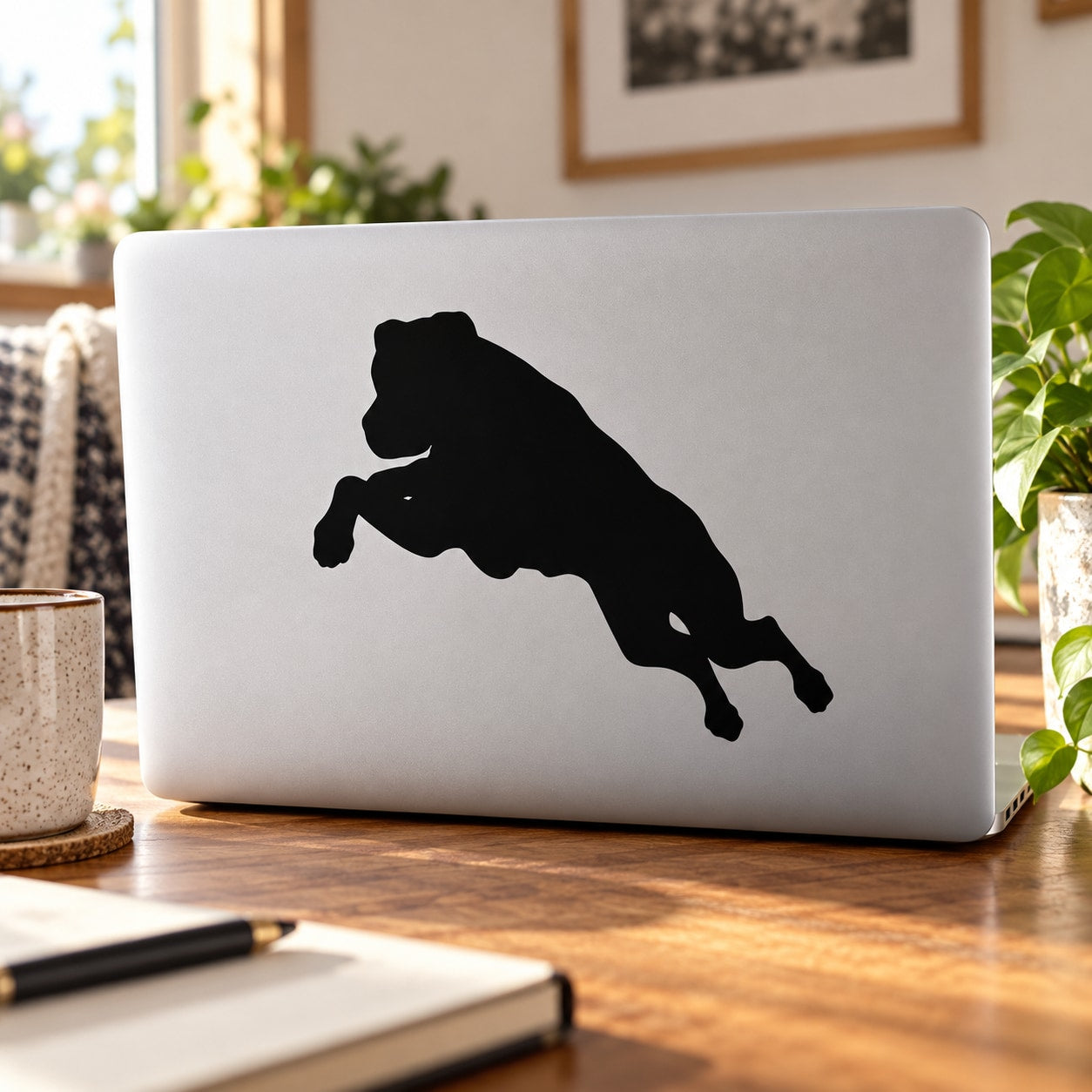 Jumping rottweiler decal with black silhouette on a laptop lid