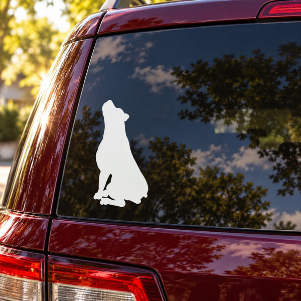 White Rottweiler dog looking up vinyl decal on car window