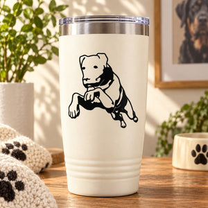 Rottweiler decal of a bounding dog on a white tumbler