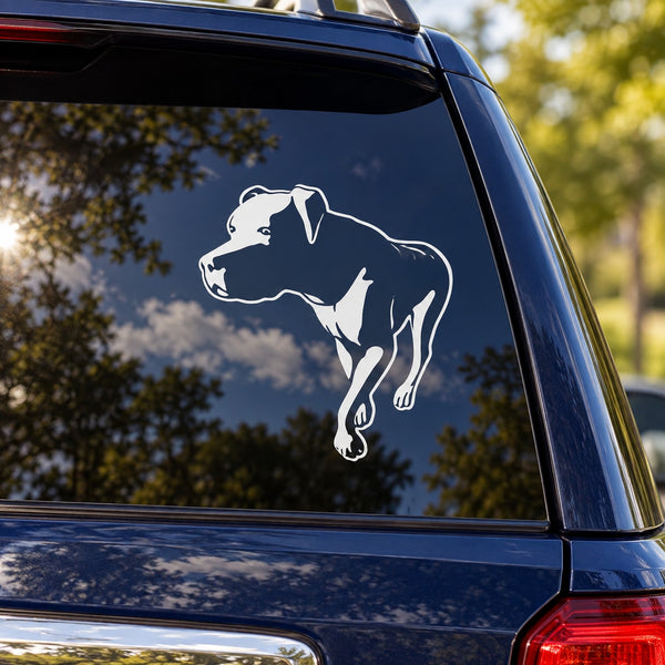 Rottweiler hunting pose decal, white outline on dark car window glass