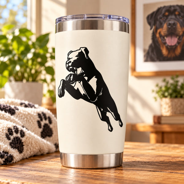 Charging Rottweiler decal on white tumbler with stainless steel lid and base