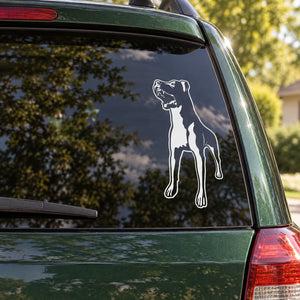 Detailed barking Rottweiler decal on car rear window, white outline dog figure
