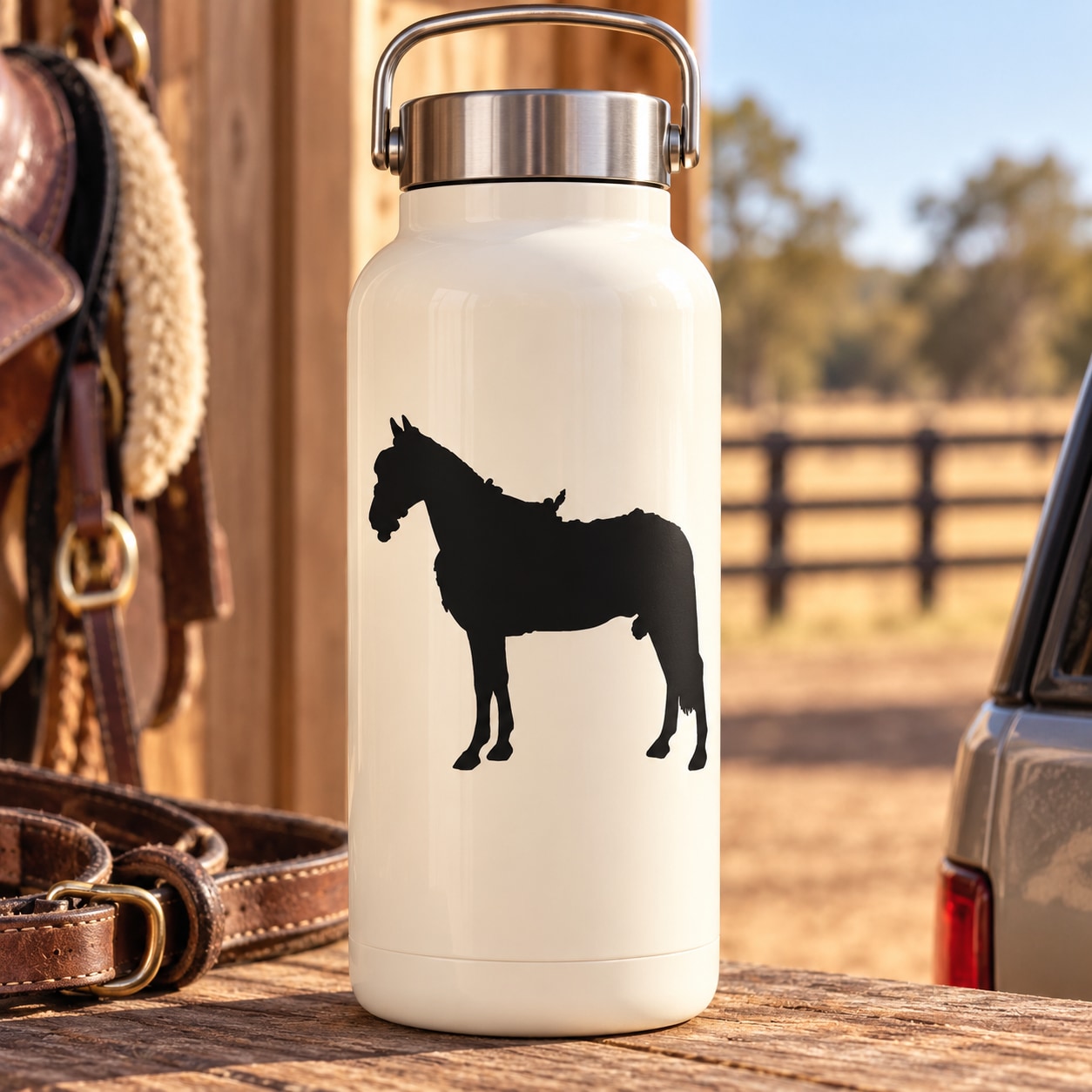 Black horse silhouette decal on white water bottle
