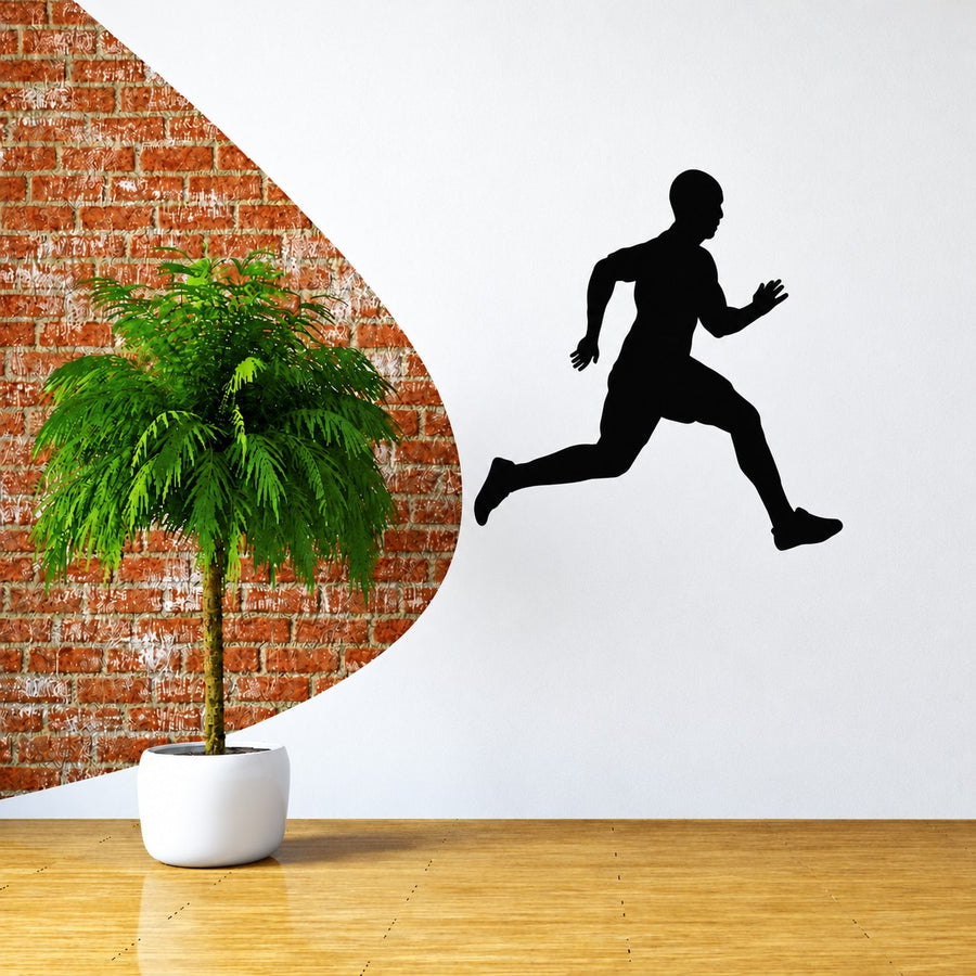 Black male runner silhouette wall decal, dynamic running pose