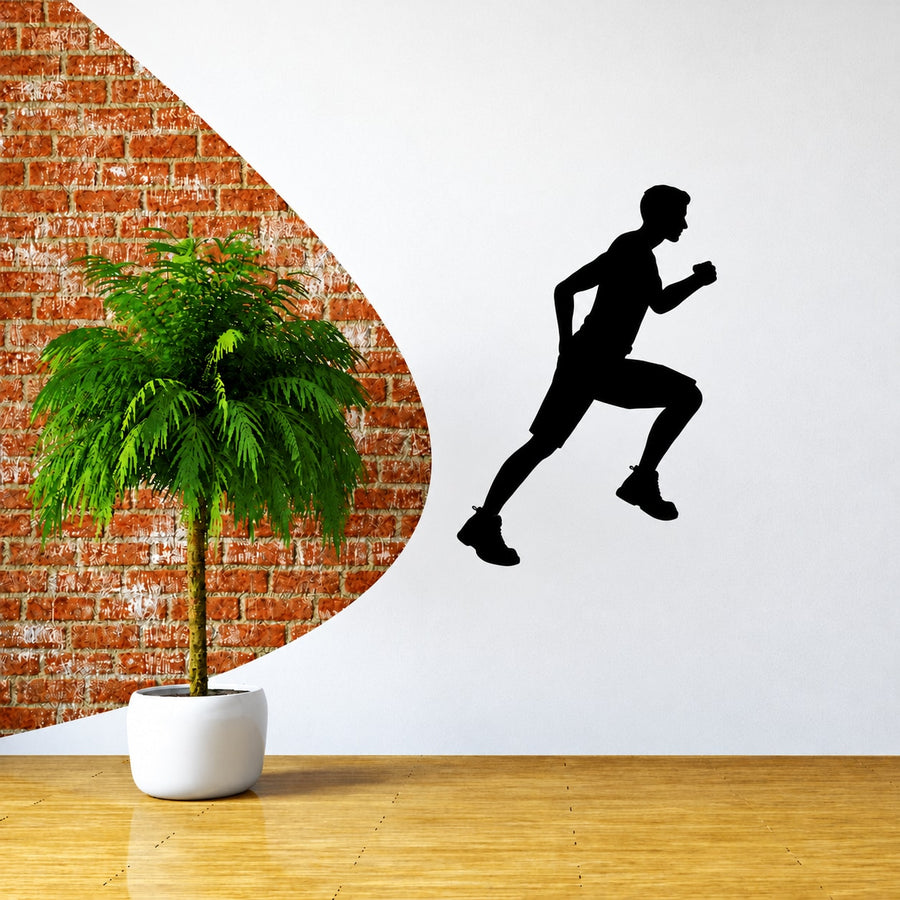 Running runner wall decal vinyl sticker, black silhouette of runner in stride