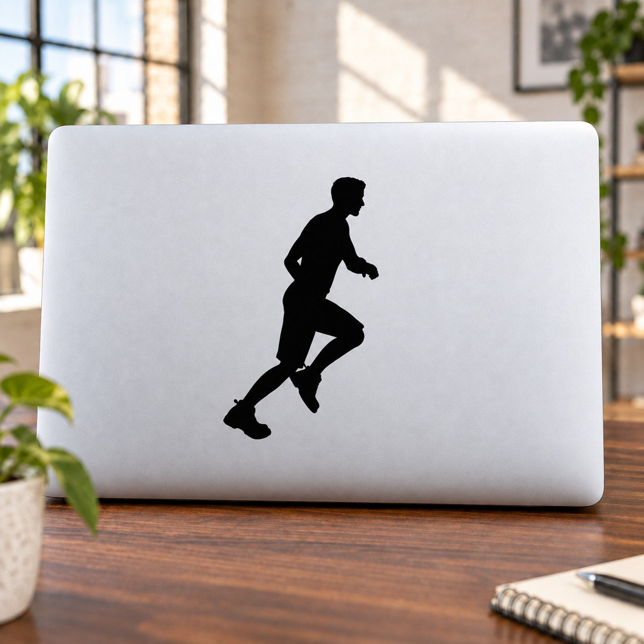 Youth runner decal with black male silhouette on white rectangular backing