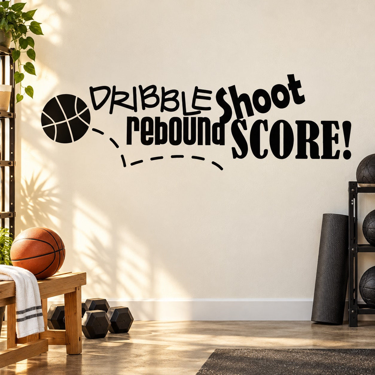 Basketball wall decal sticker with dribble shoot rebound score text and ball icon