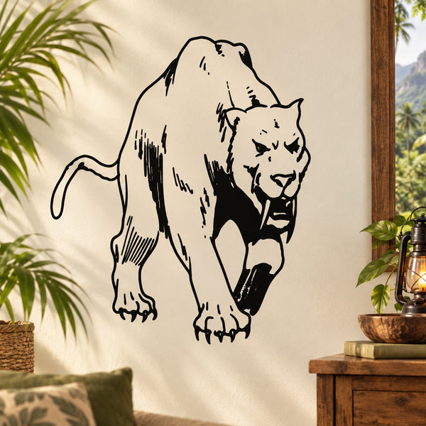Tiger decal with black and white saber-tooth line art