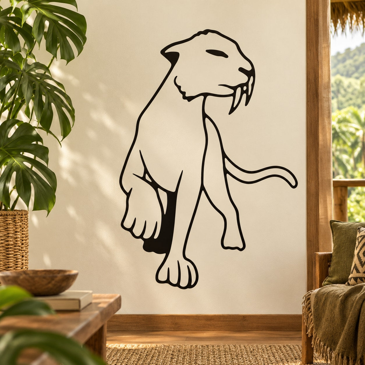 Saber-tooth tiger hunting decal with black outline, paw and tail detail