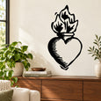 Black sacred heart wall decal with flame accents