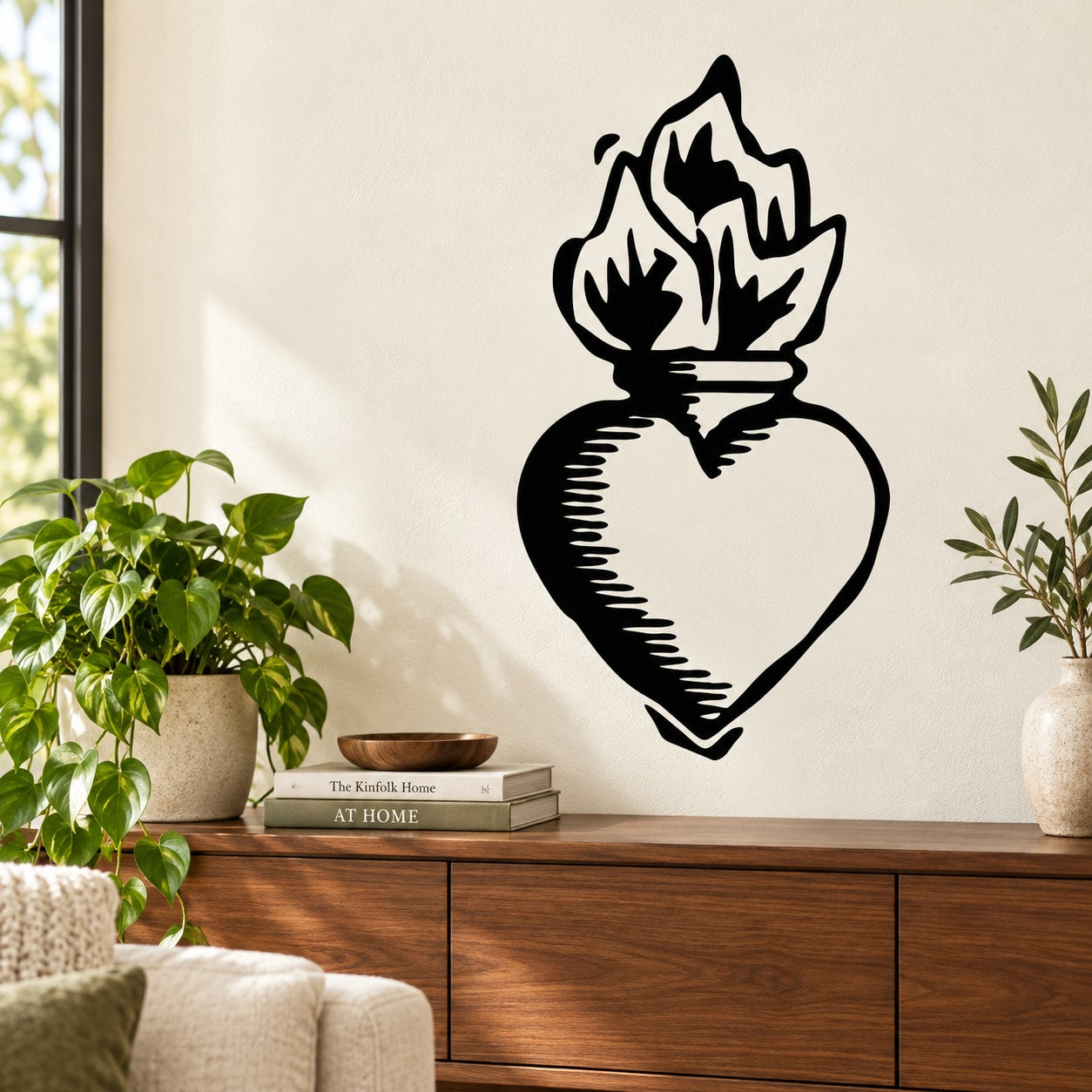 Black sacred heart wall decal with flame accents