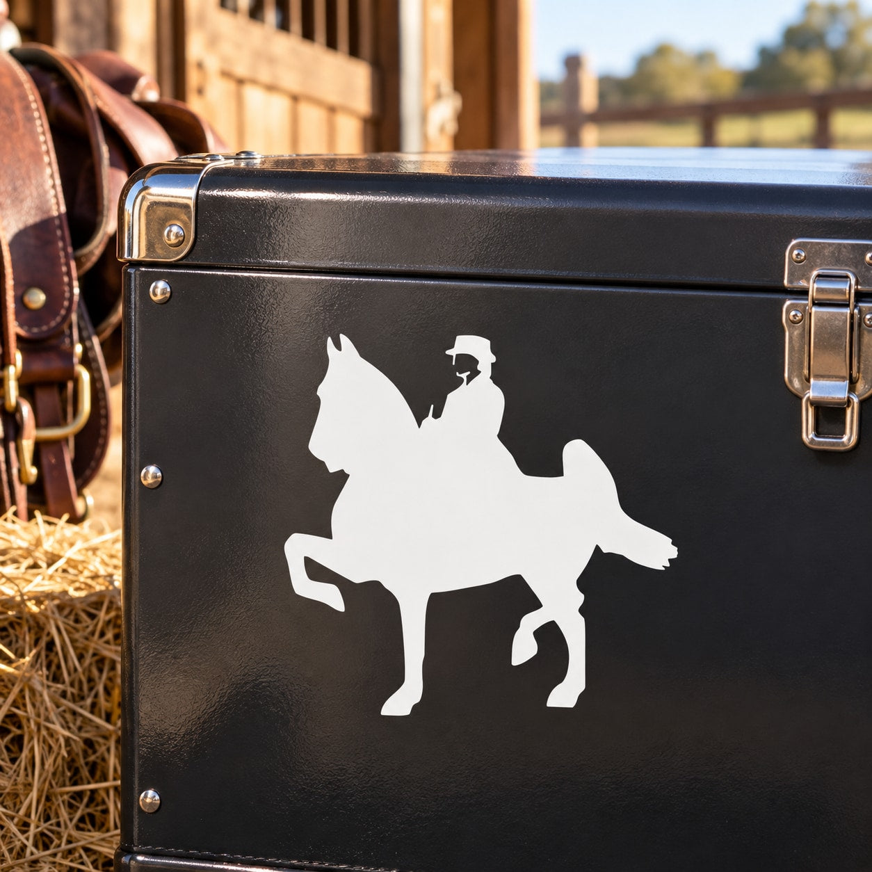 White silhouette horse and rider decal on dark leather trunk, side view