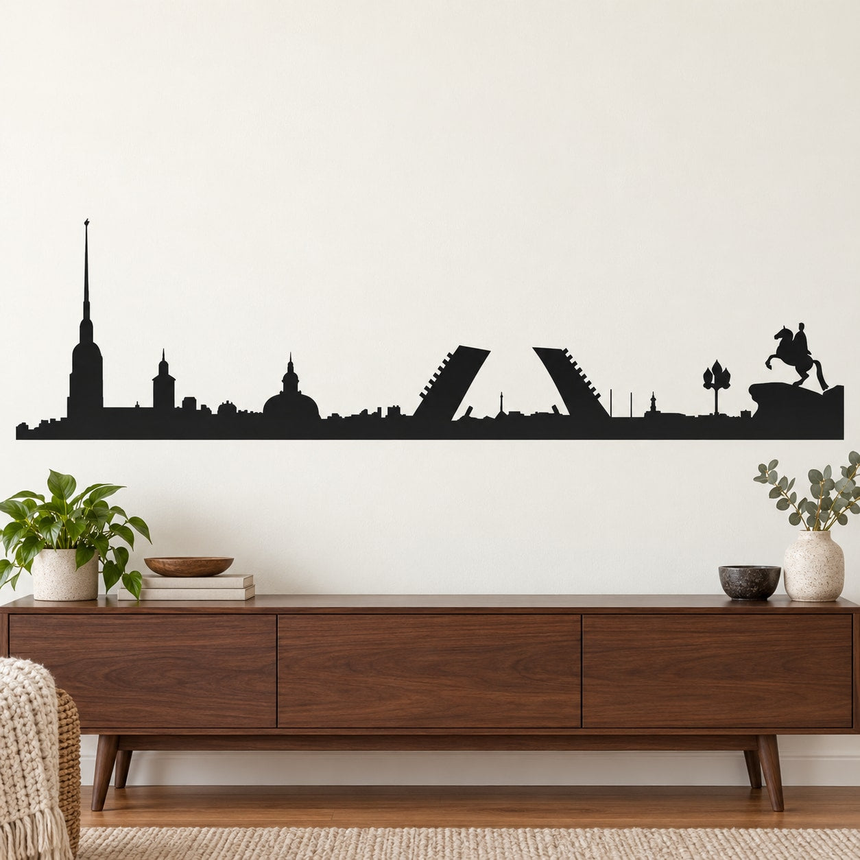 Black city skyline wall decal with tall spire and domed buildings, wide silhouette