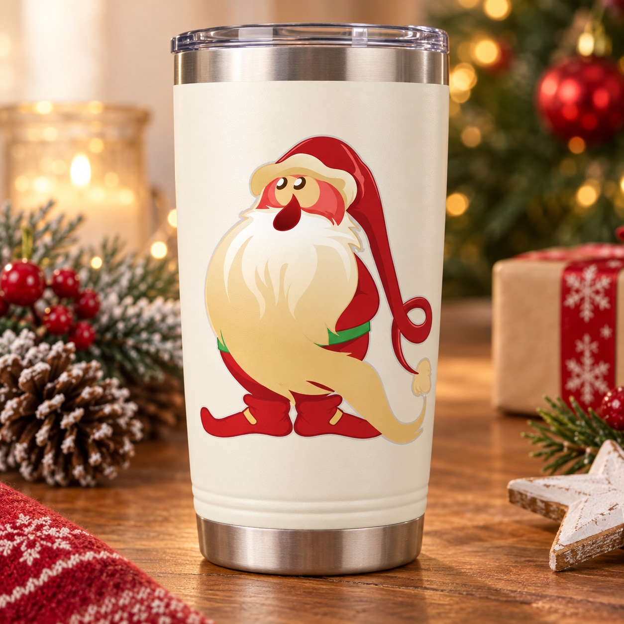 Santa printed die-cut decal with red hat and beard on a white tumbler