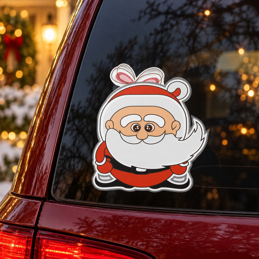 Cartoon Santa sticker with red hat and suit, smiling face, white border