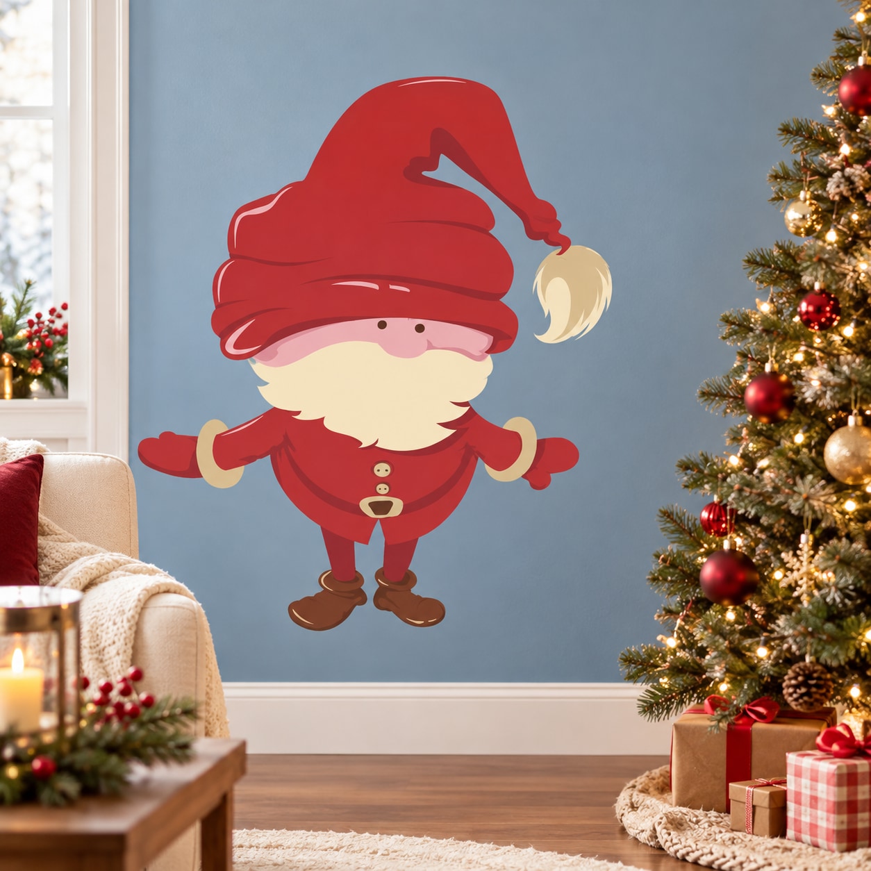 Baby Santa printed die-cut decal with red suit, hat, and beige face