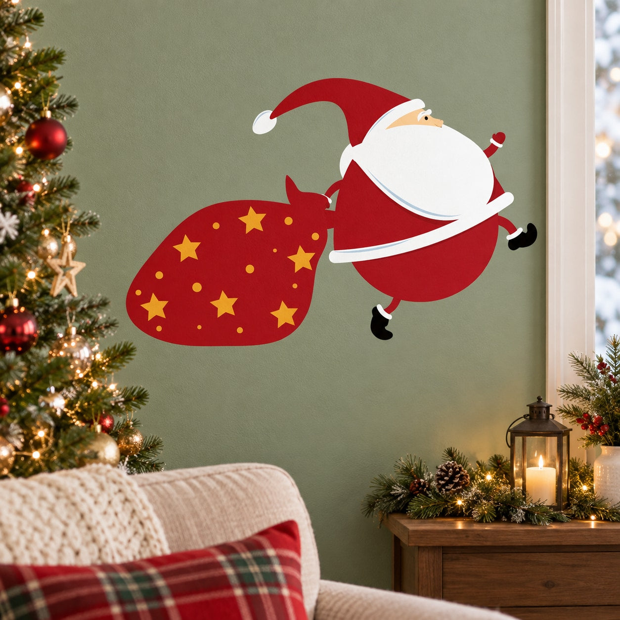 Santa holding a gift sack with yellow stars, red-and-white printed die-cut decal