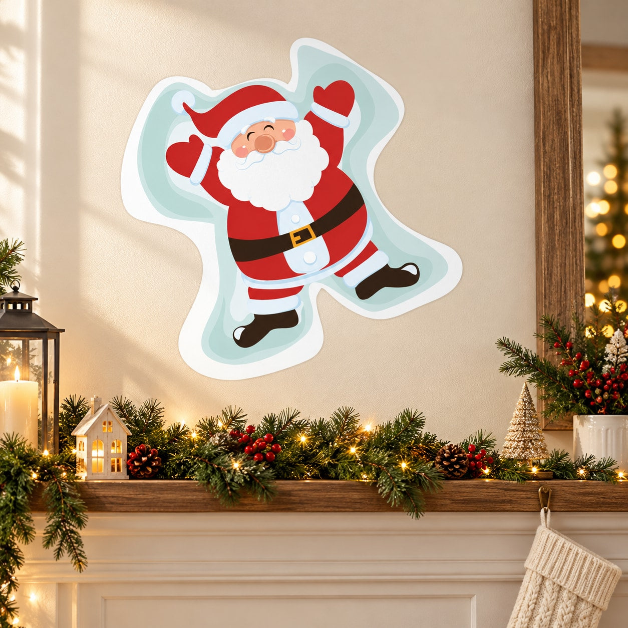 Santa snow angel sticker with red-clad cartoon Santa arms out and heart