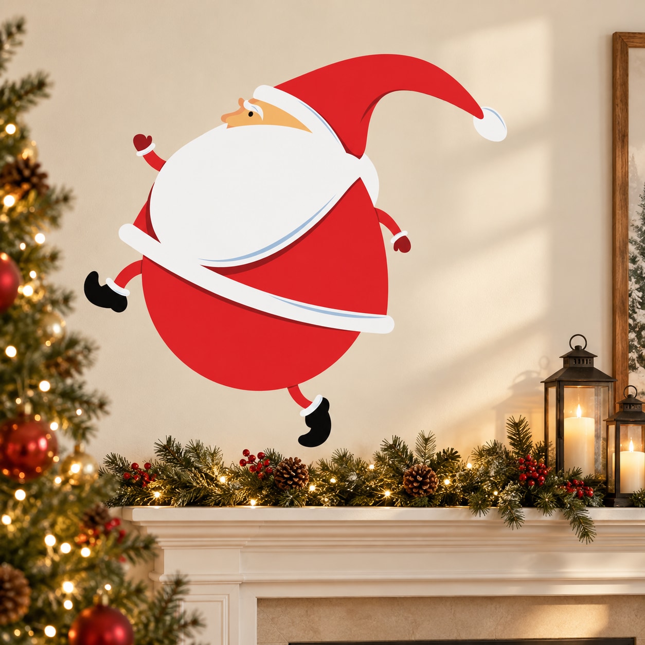 Santa walking quietly vinyl wall decal, red suit with white beard and hat