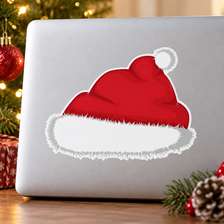 Santa Claus hat sticker with red body and white fluffy brim trim