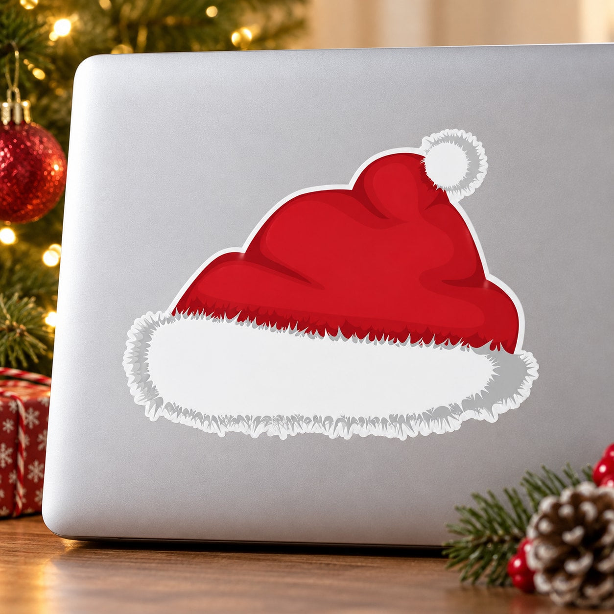 Santa Claus hat sticker with red body and white fluffy brim trim