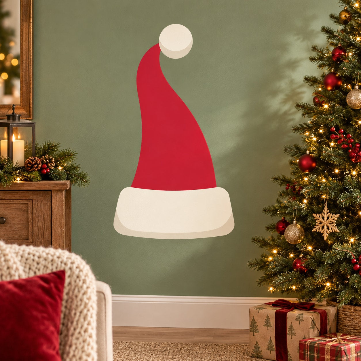 Santa hat sticker with red fabric, white trim, and round white pom-pom