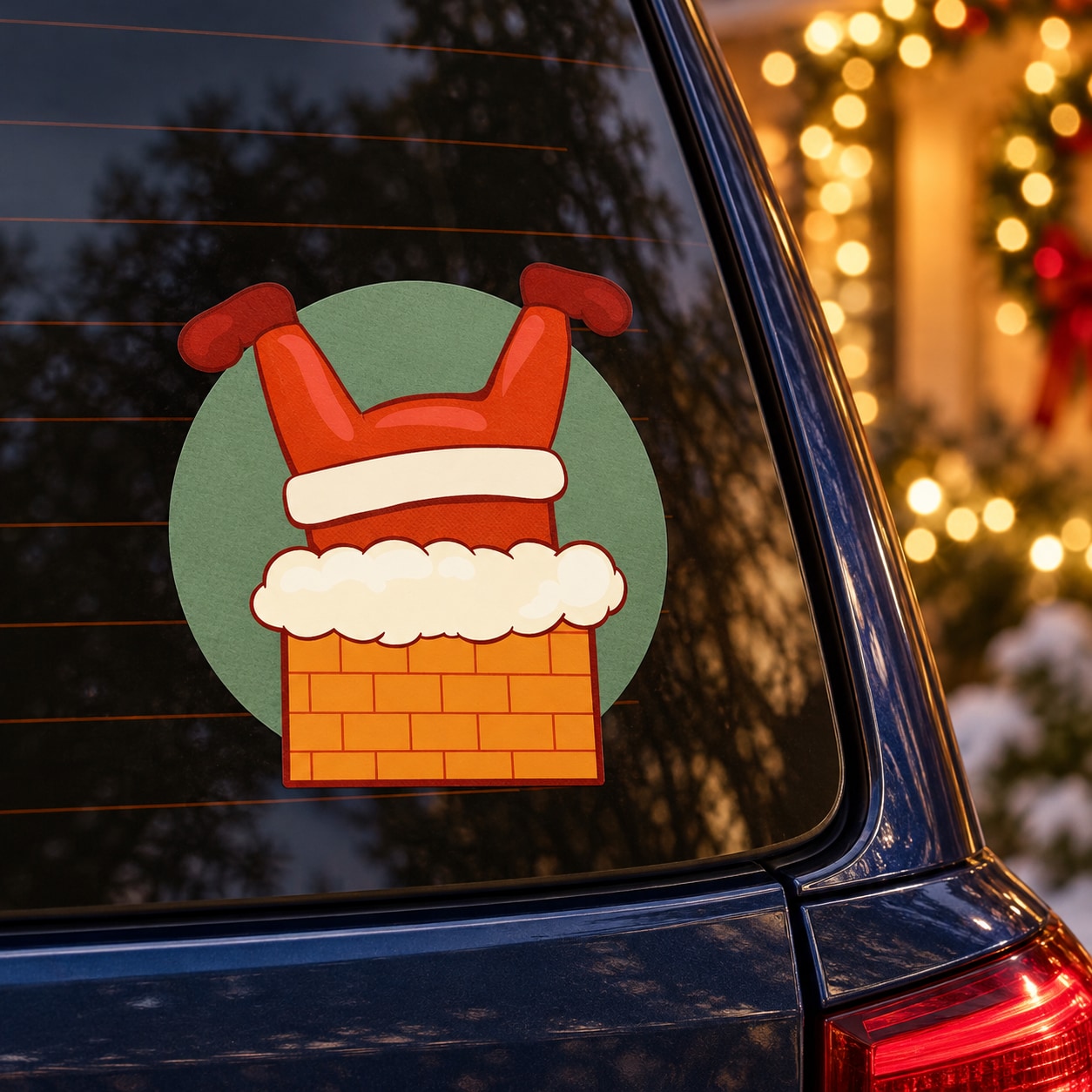 Santa stuck in chimney vinyl sticker, red hat and beard over orange brick opening