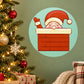 Santa peeking from chimney wall decal, circular blue sticker with cartoon face and chimney
